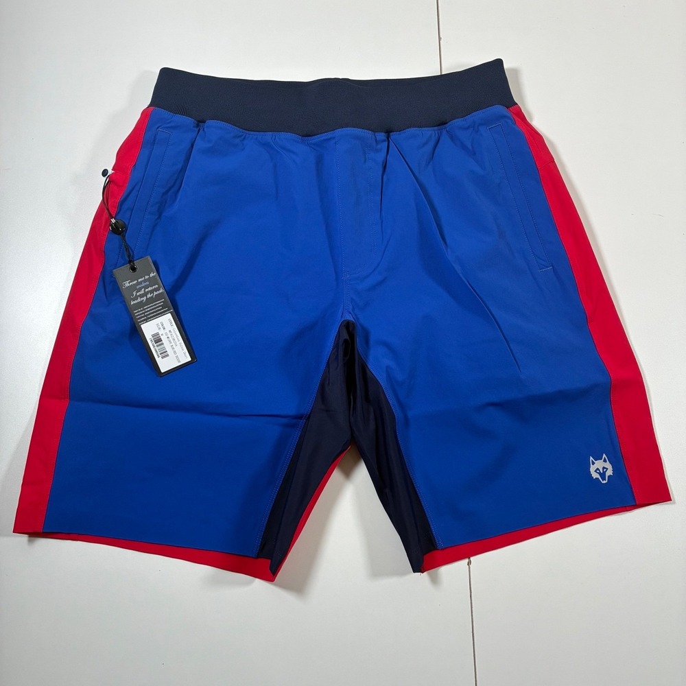 NEW Greyson Fulton Shorts Medium Blue Red Colorblock Lined Workout Drawstring